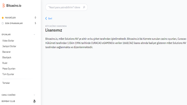 Bitcasino Lisans Bilgisi